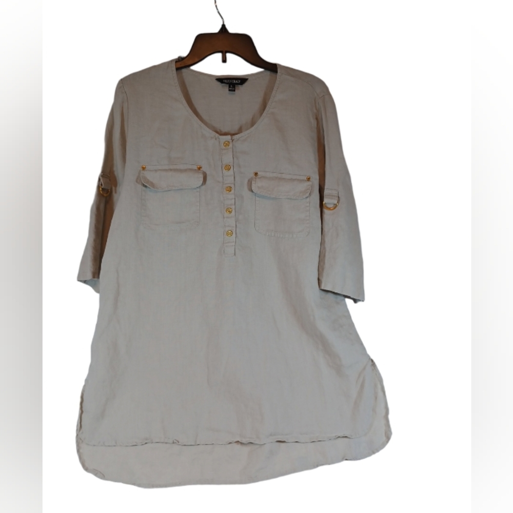Ellen Tracy Women's Linen 3/4 Sleeve Tunic Blouse. Size L Tan